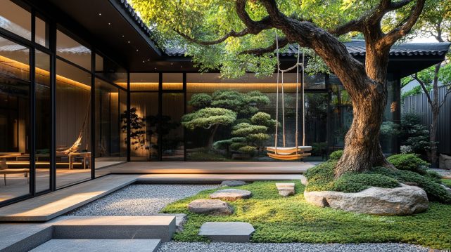 Modern Chinese-Style Homes and their Garden Swings AI Artwork