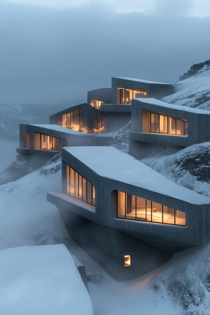 Snowy Mountainside Brutalist-Style Houses AI Artwork 11