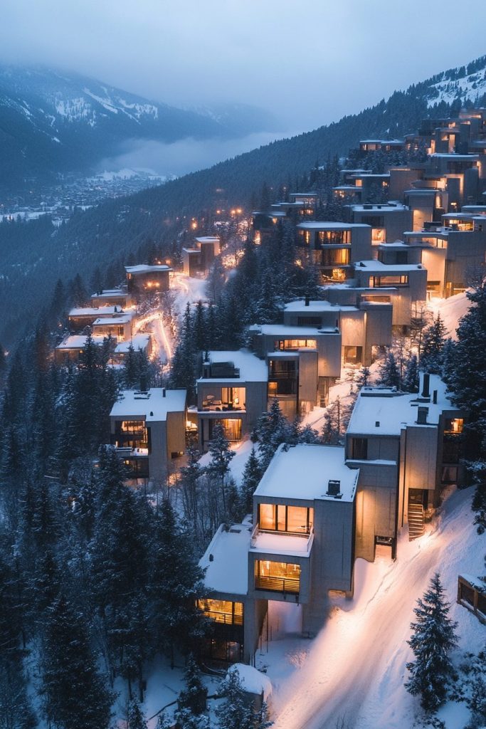 Snowy Mountainside Brutalist-Style Houses AI Artwork 12