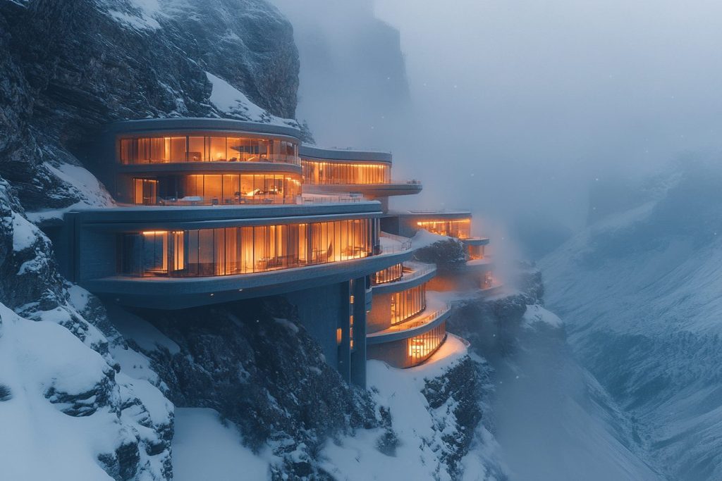 Snowy Mountainside Brutalist-Style Houses AI Artwork 13