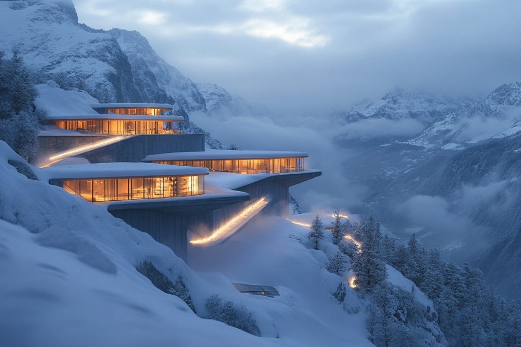 Snowy Mountainside Brutalist-Style Houses AI Artwork 15