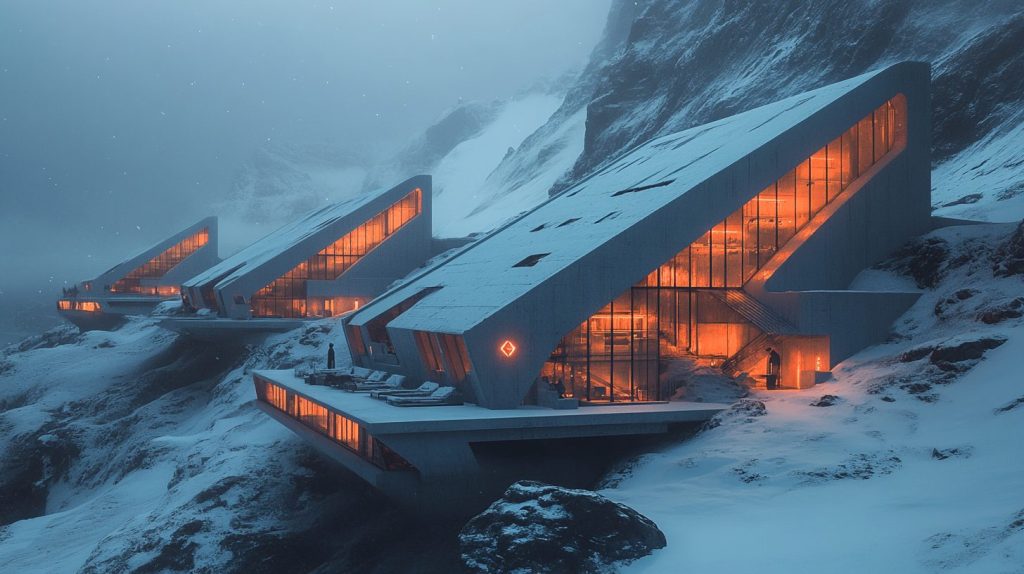 Snowy Mountainside Brutalist-Style Houses AI Artwork 16