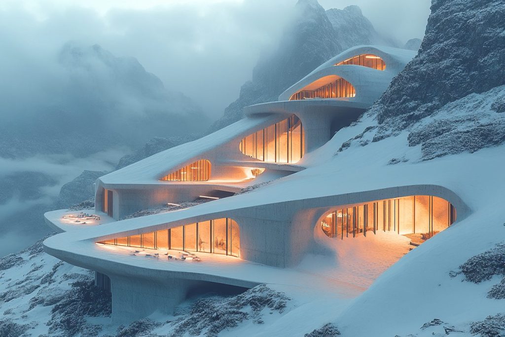 Snowy Mountainside Brutalist-Style Houses AI Artwork 17