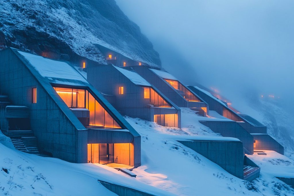 Snowy Mountainside Brutalist-Style Houses AI Artwork 18