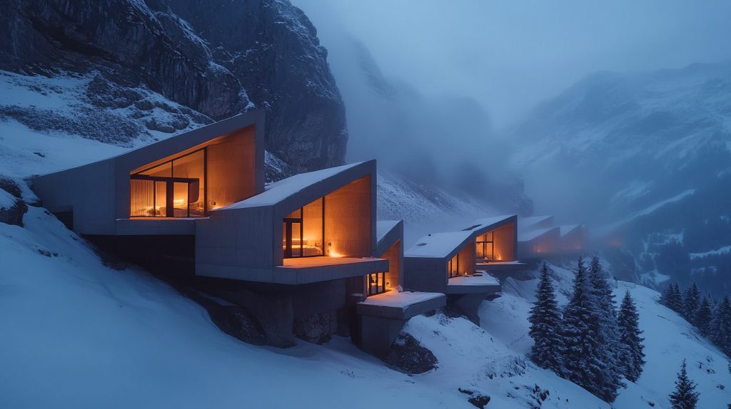 Snowy Mountainside Brutalist-Style Houses AI Artwork 19