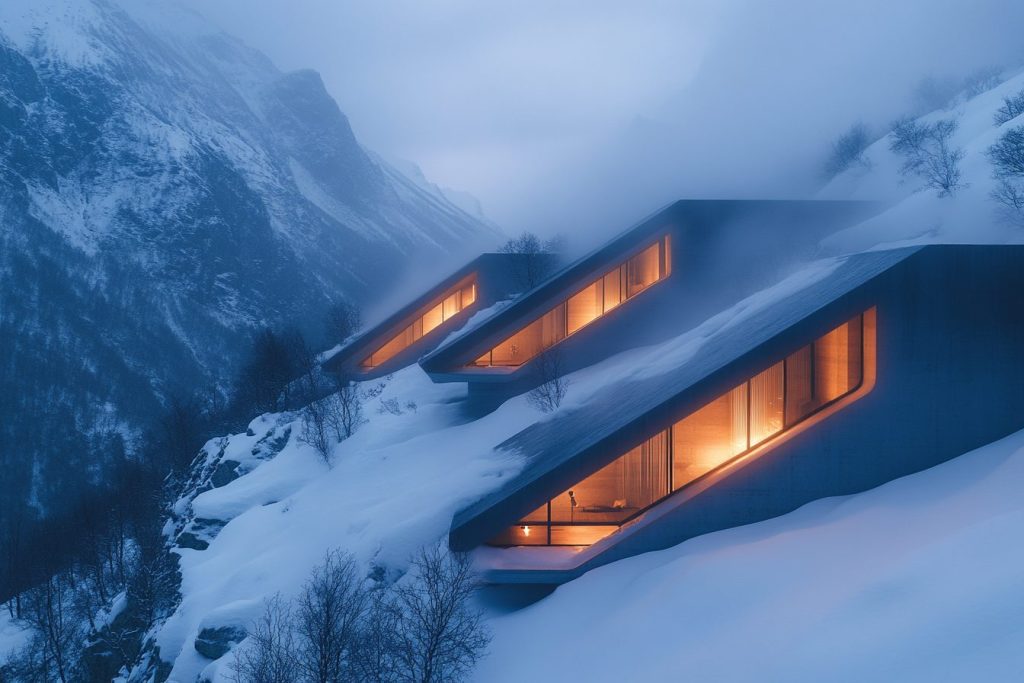 Snowy Mountainside Brutalist-Style Houses AI Artwork 20