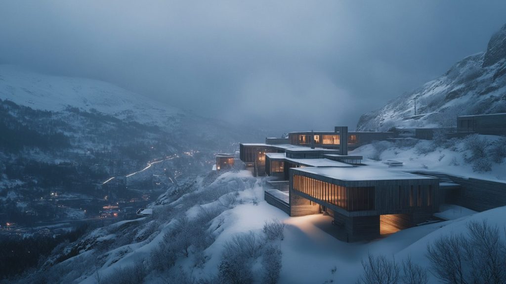 Snowy Mountainside Brutalist-Style Houses AI Artwork 21