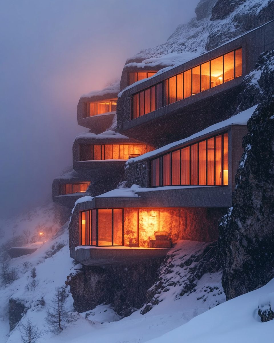 Snowy Mountainside Brutalist-Style Houses