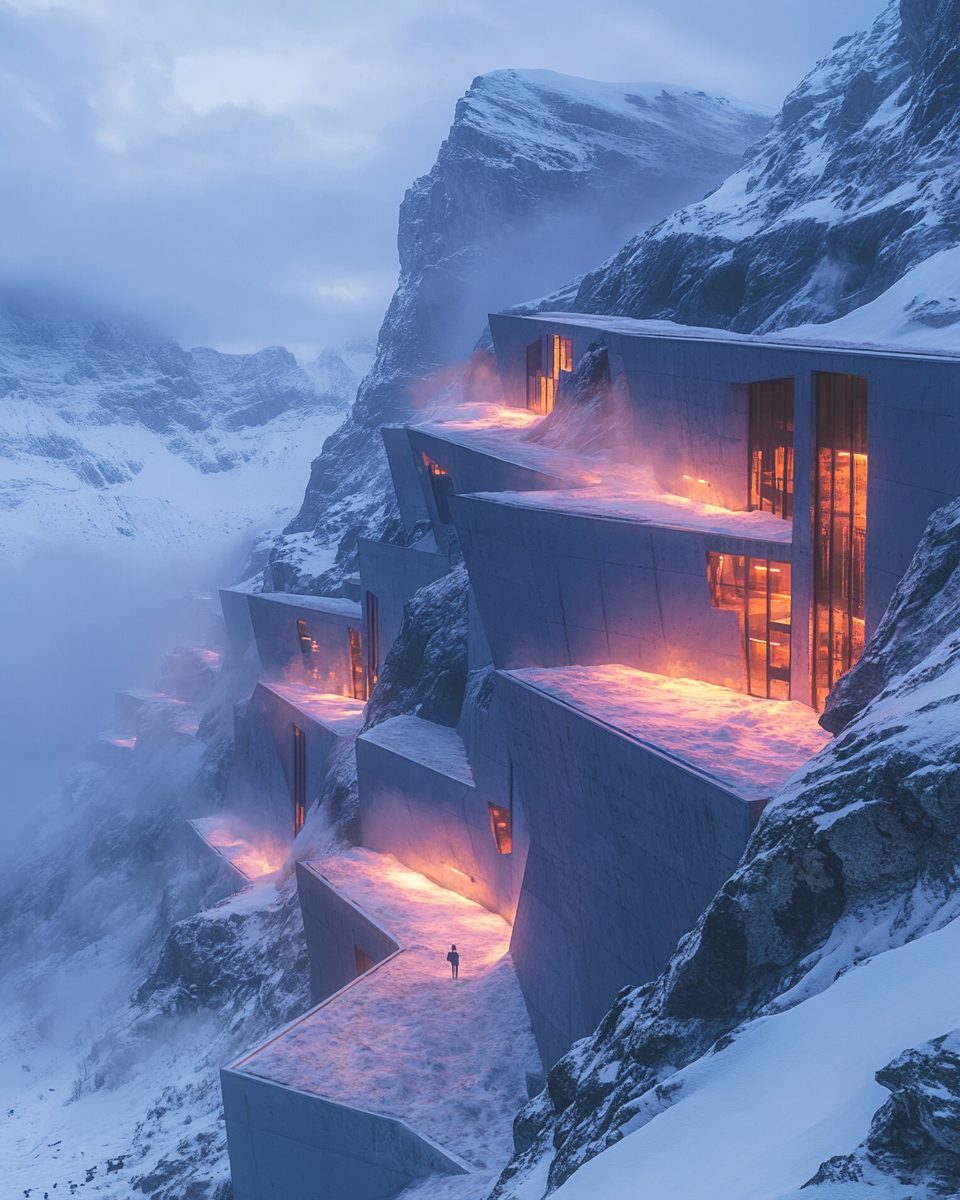 Snowy Mountainside Brutalist-Style Houses