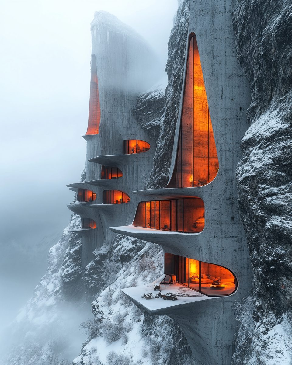 Snowy Mountainside Brutalist-Style Houses