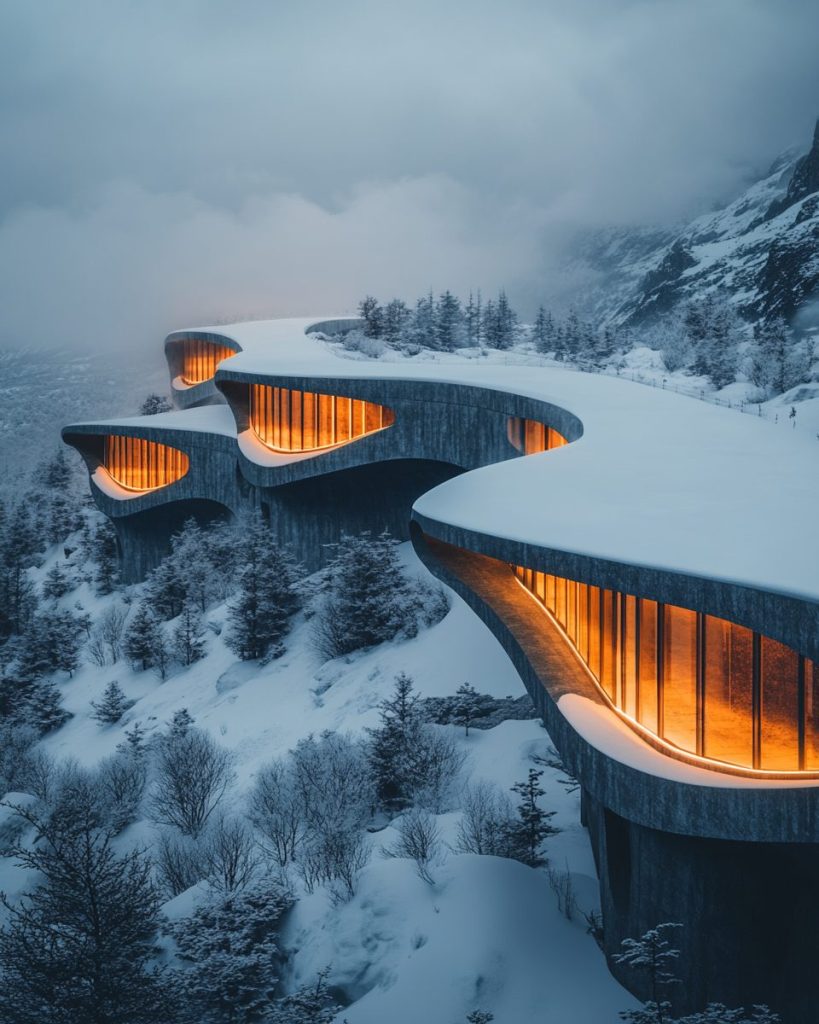 Snowy Mountainside Brutalist-Style Houses AI Artwork 5