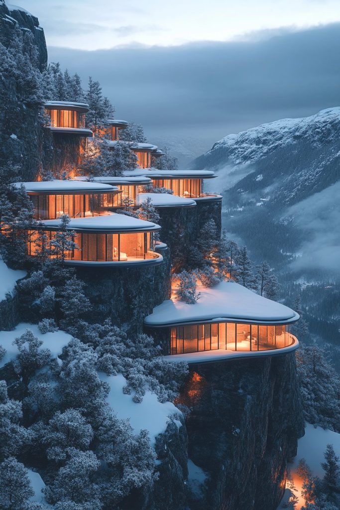 Snowy Mountainside Brutalist-Style Houses AI Artwork 6