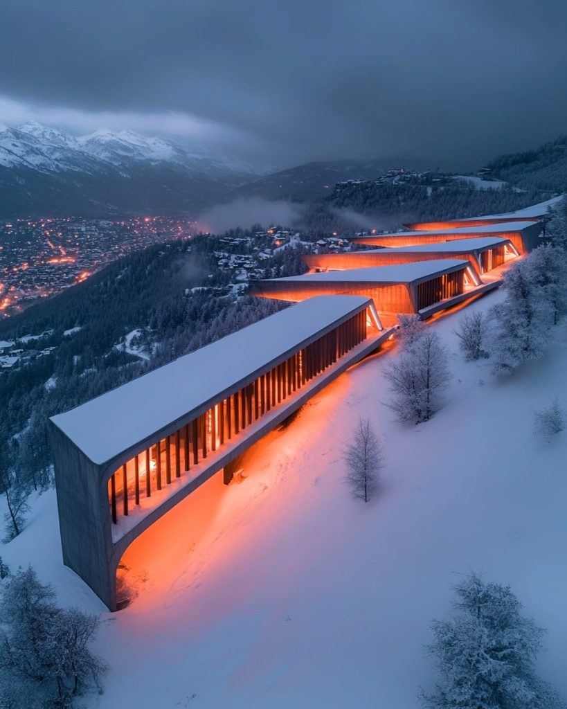 Snowy Mountainside Brutalist-Style Houses AI Artwork 7