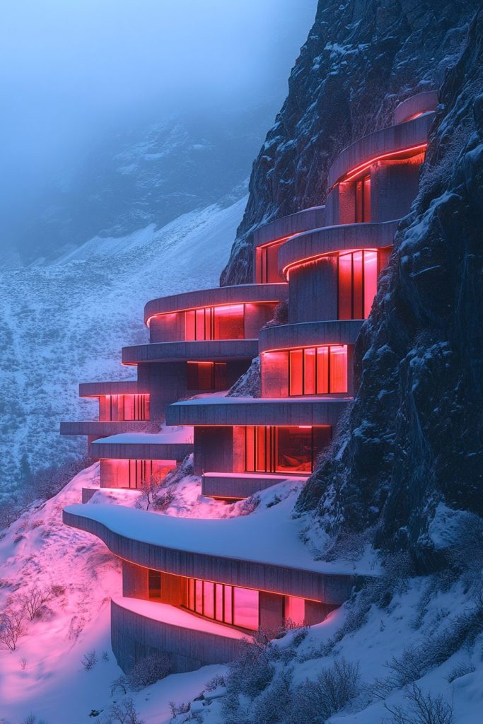 Snowy Mountainside Brutalist-Style Houses AI Artwork 9