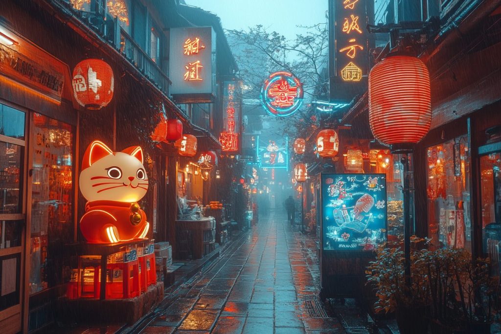 Cyberpunk Japantown Urban Landscape - Neon Neko AI Artwork 11