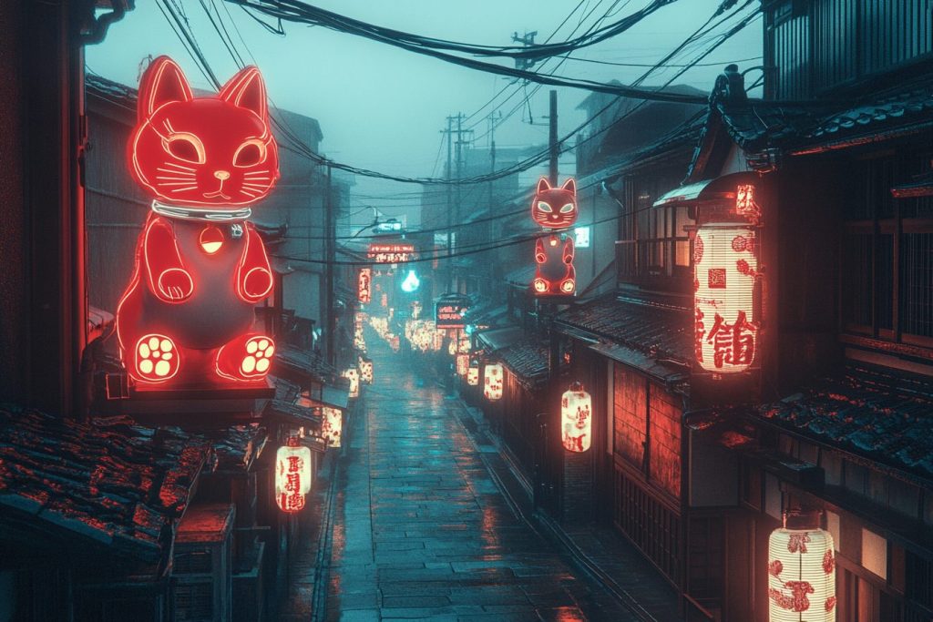 Cyberpunk Japantown Urban Landscape - Neon Neko AI Artwork 14
