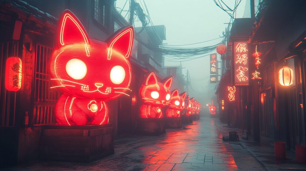 Cyberpunk Japantown Urban Landscape - Neon Neko AI Artwork 17