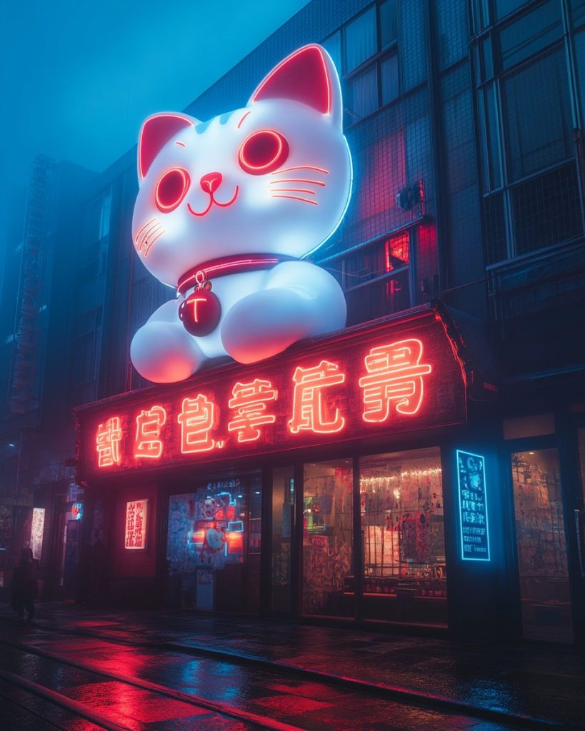 Cyberpunk Japantown Urban Landscape - Neon Neko AI Artwork 2