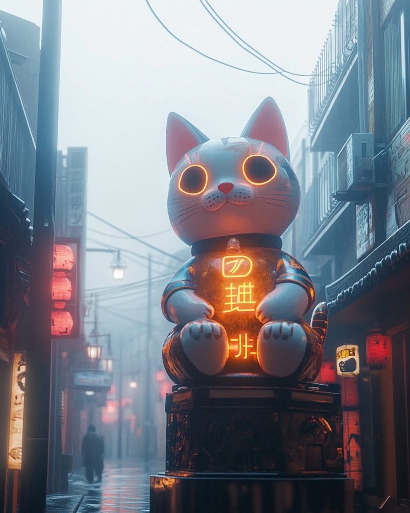 Cyberpunk Japantown Urban Landscape - Neon Neko AI Artwork 3