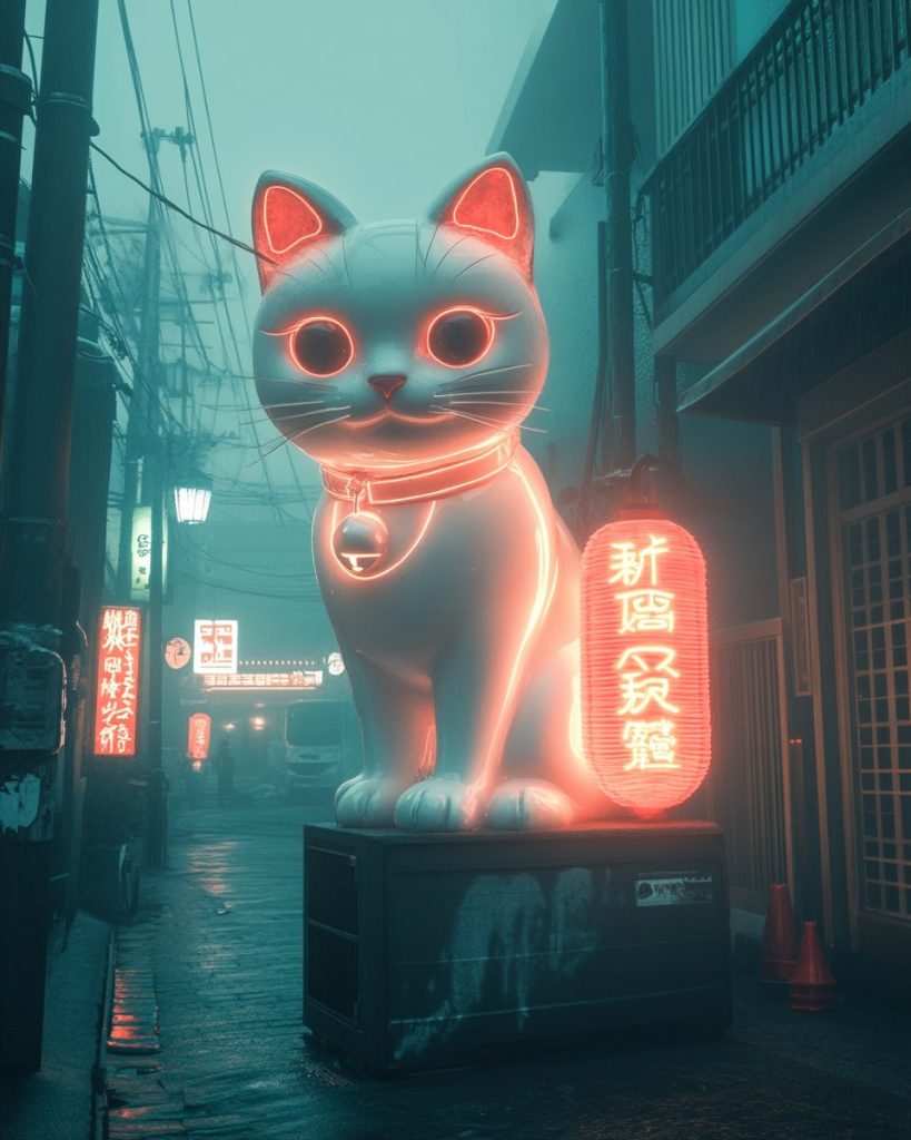 Cyberpunk Japantown Urban Landscape - Neon Neko AI Artwork 4
