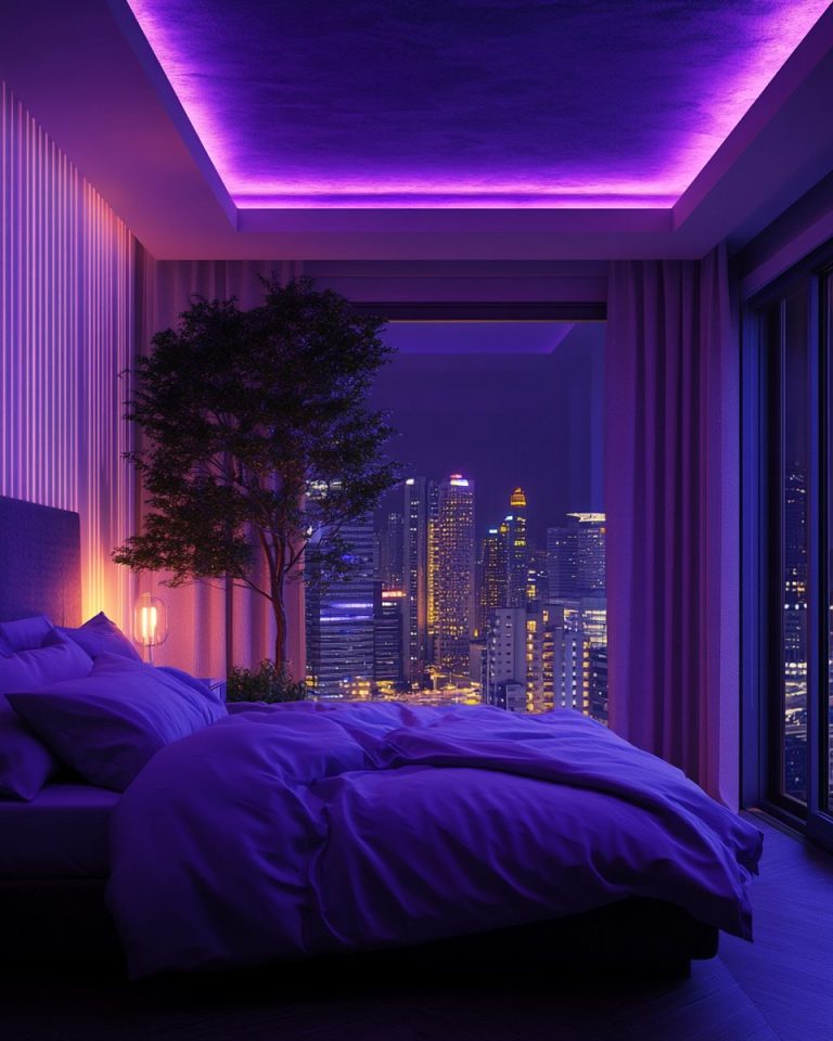 Cyberpunk Style Bedroom Interiors with Cityscape Views