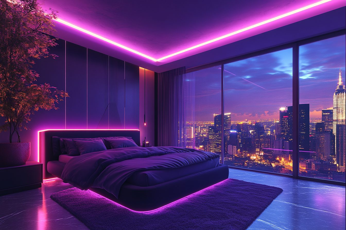Cyberpunk Style Bedroom Interiors with Cityscape Views