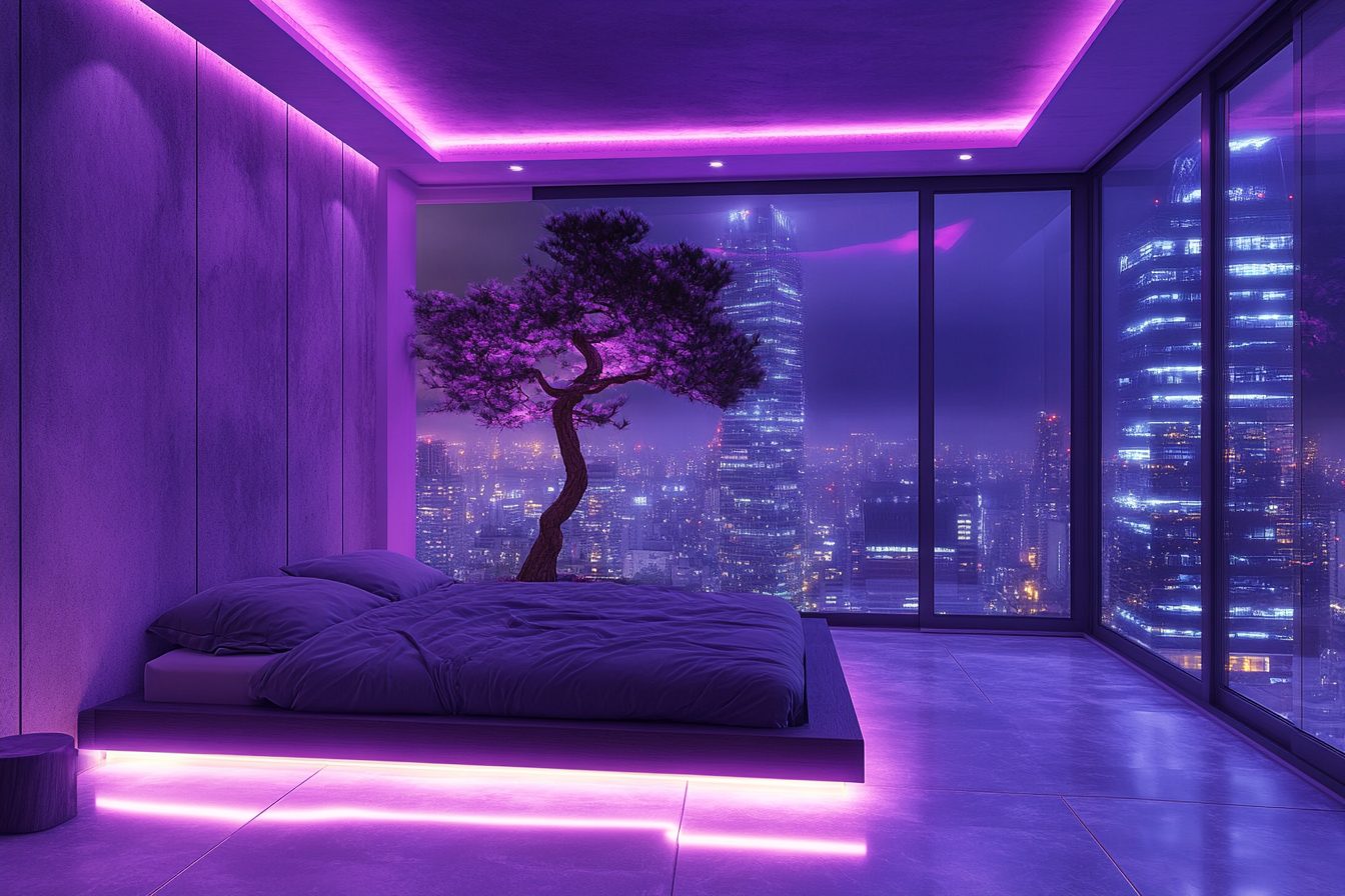 Cyberpunk Style Bedroom Interiors with Cityscape Views