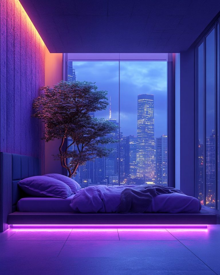 Cyberpunk Style Bedroom Interiors with Cityscape Views
