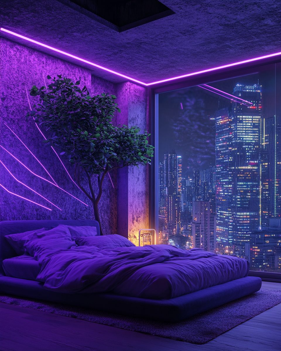 Cyberpunk Style Bedroom Interiors with Cityscape Views