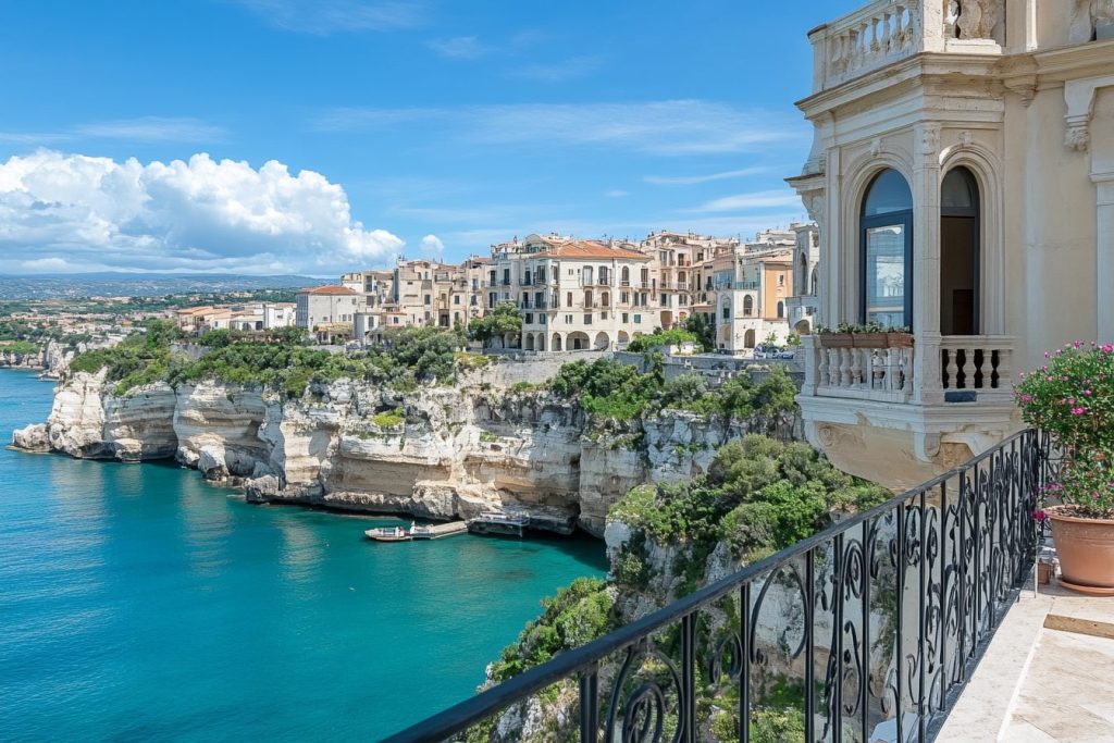 Terrace with a View of a Coastal Town AI Artwork 30