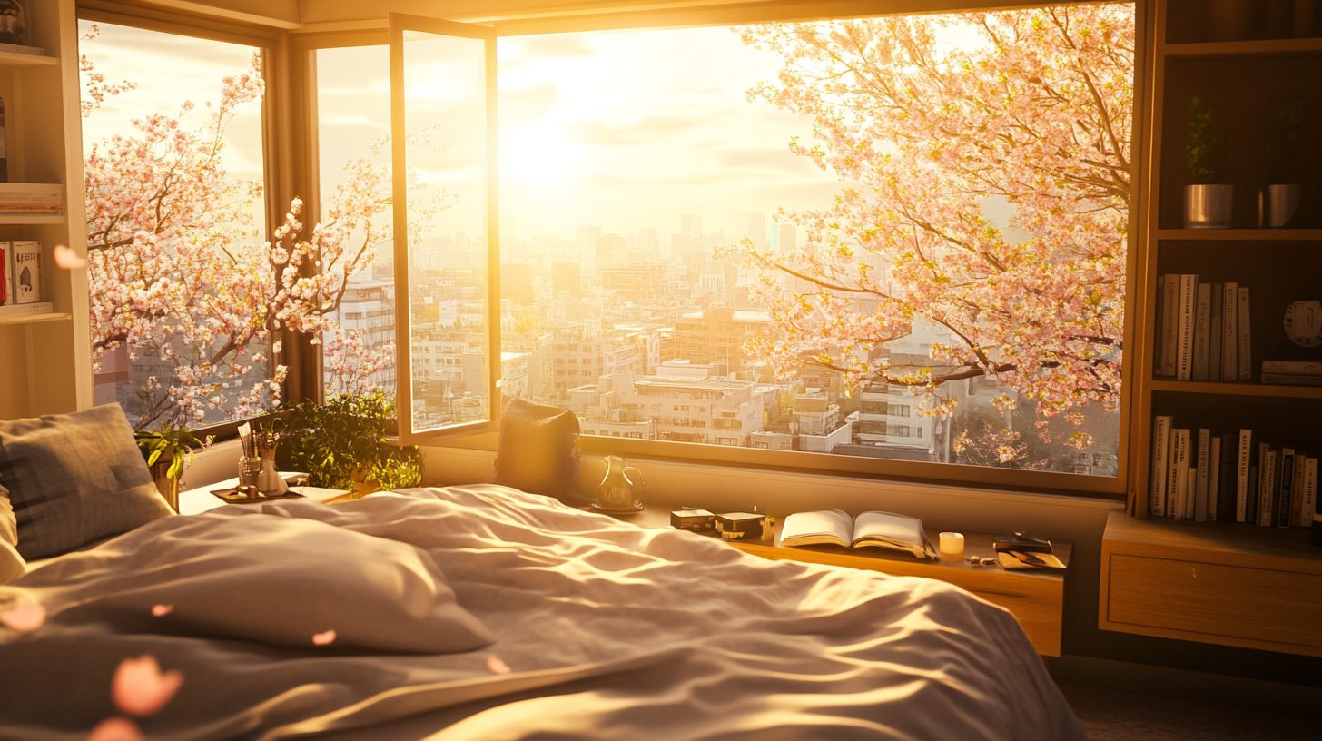 A Cozy Bedroom with a Cherry Blossom View
