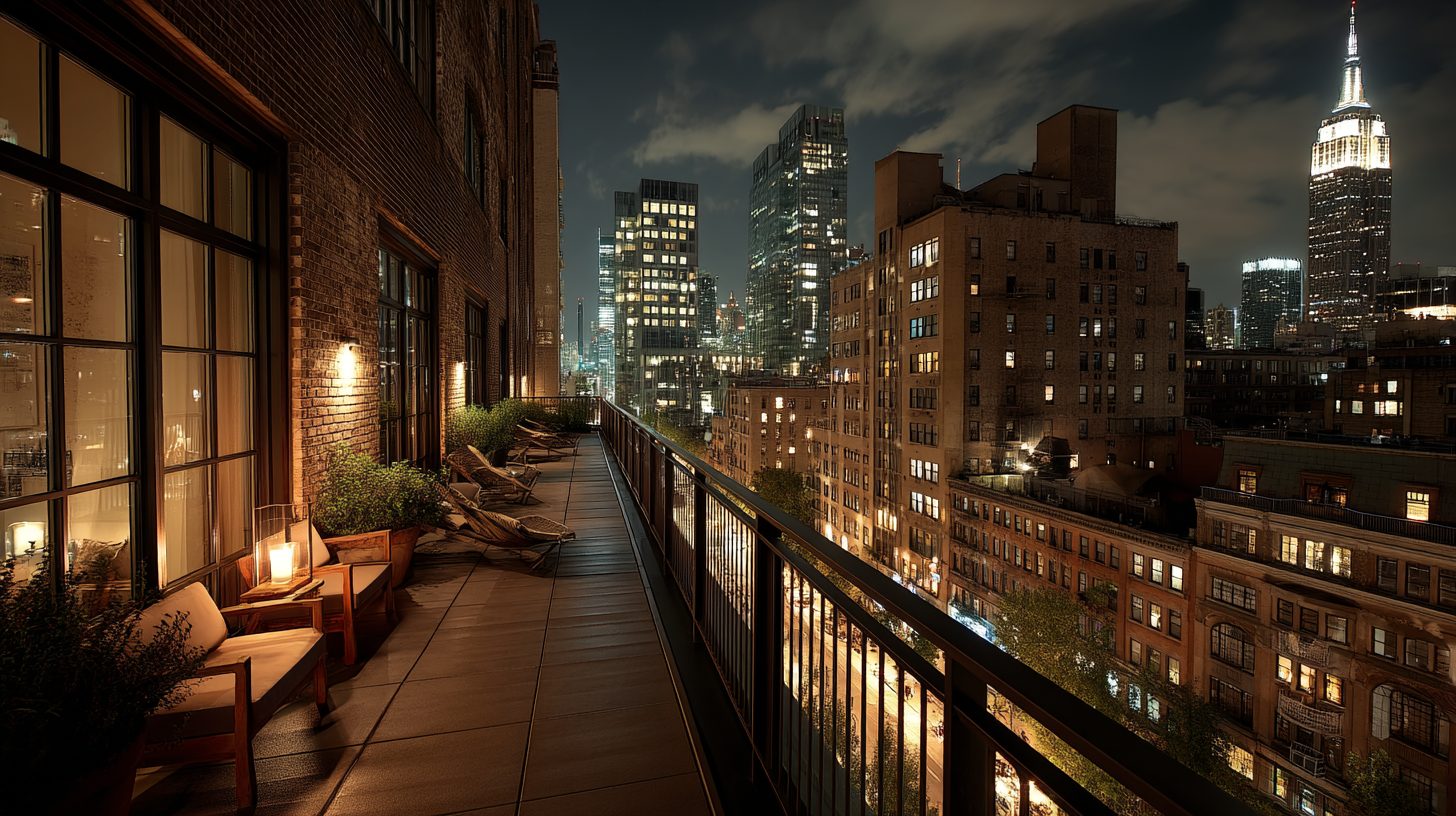 Image showcasing Apartment Balcony with a New York Cityscape View