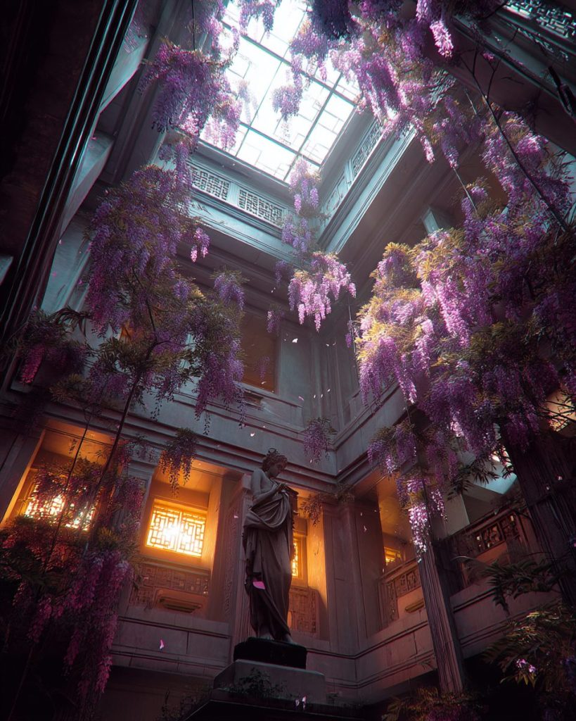 Building Interiors with Beautiful Wisteria Flowers AI Artwork 4