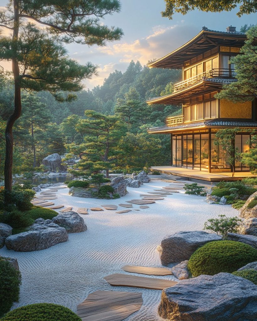 Japanese Golden Courtyard Houses and Zen Gardens AI Artwork 3