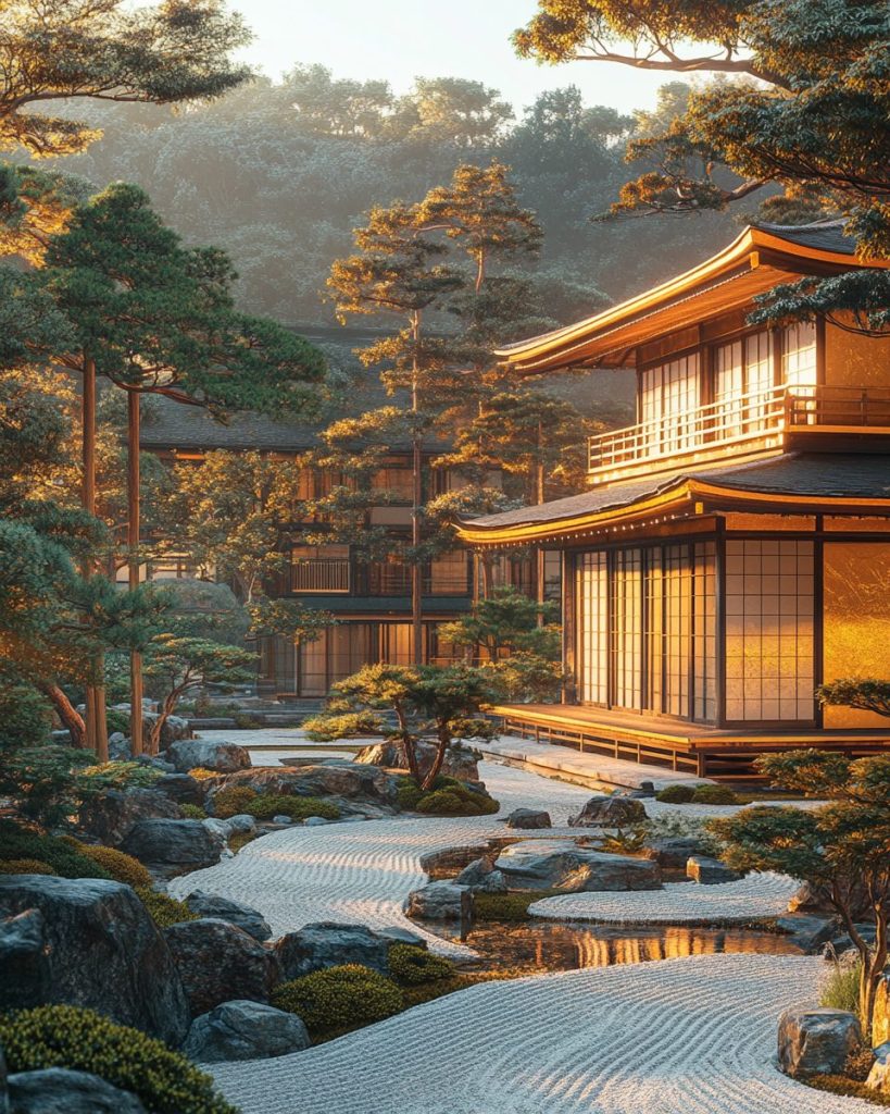 Japanese Golden Courtyard Houses and Zen Gardens AI Artwork 4
