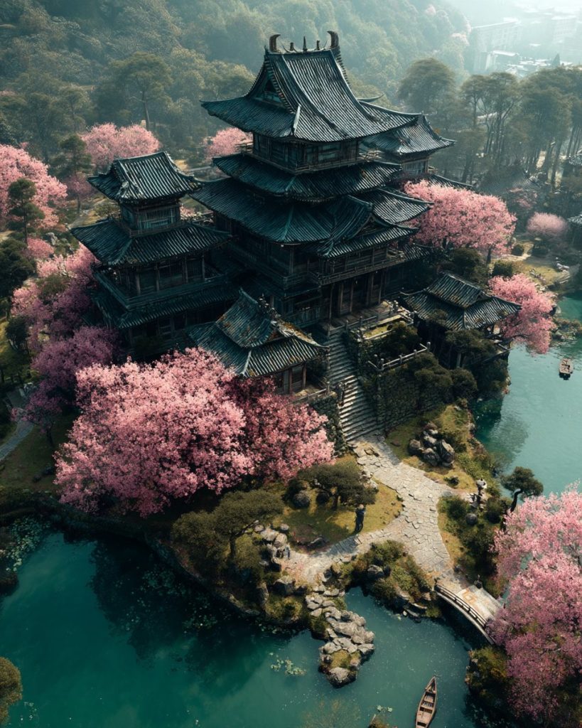 The Waterfront Japanese Castles AI Artwork 4