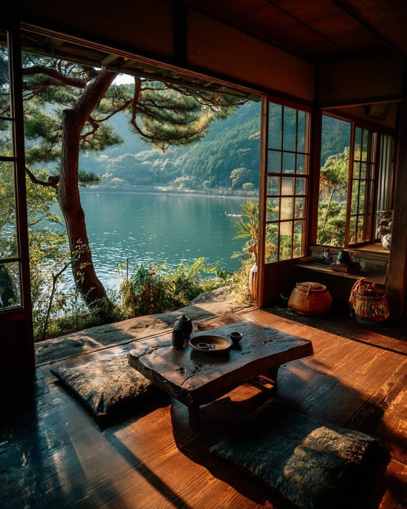Traditional Japanese Houses with an Amazing Lake View AI Artwork 3
