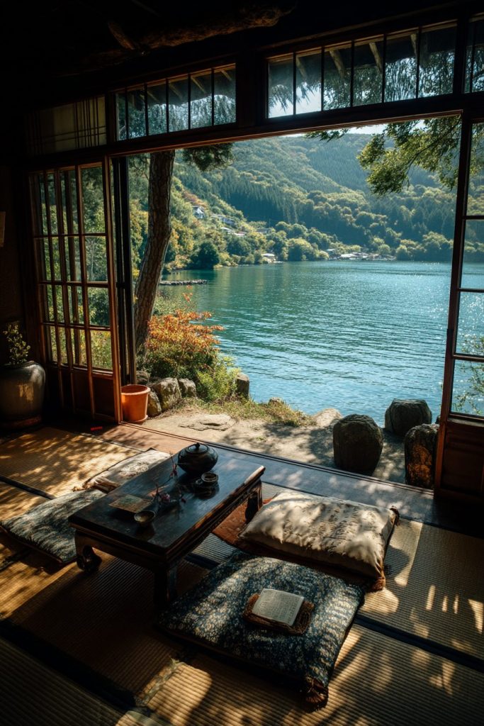 Traditional Japanese Houses with an Amazing Lake View AI Artwork 6