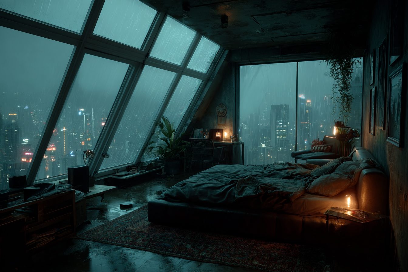 Bedroom with an Angled Window View of a Raining City