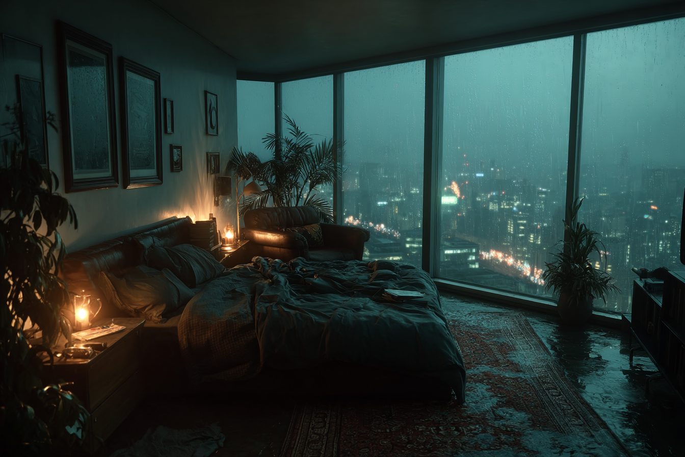 Bedroom with an Angled Window View of a Raining City