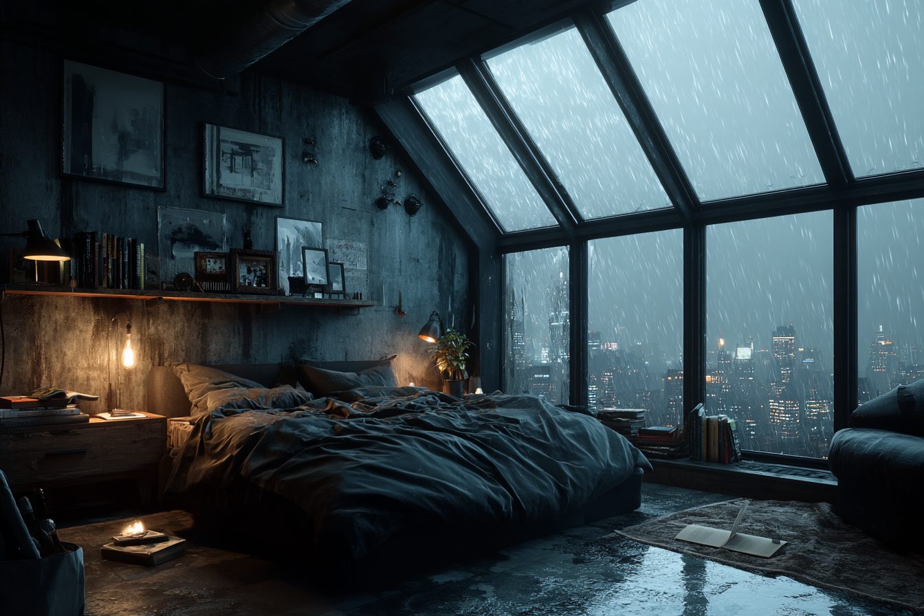 Bedroom with an Angled Window View of a Raining City