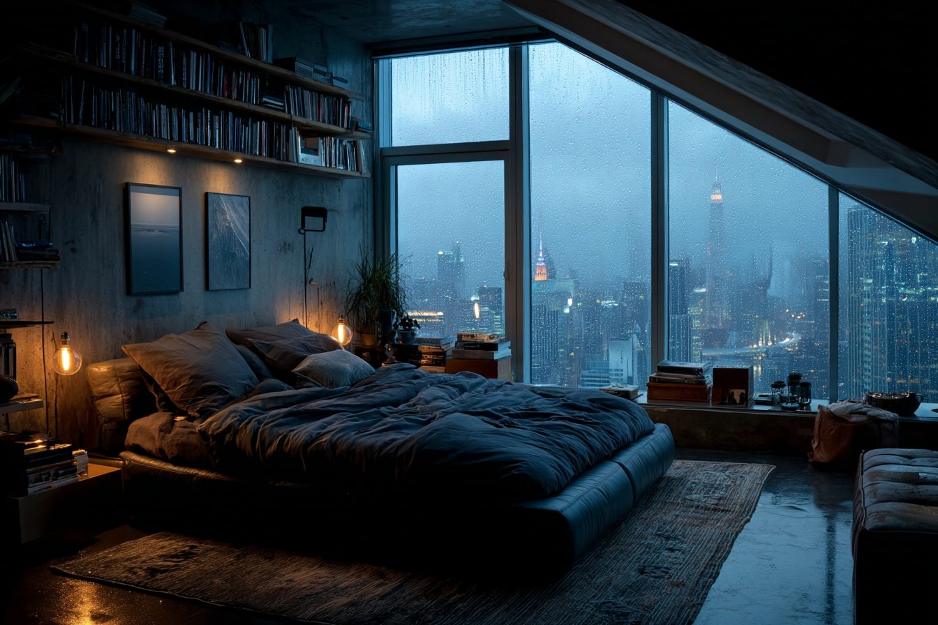 Bedroom with an Angled Window View of a Raining City