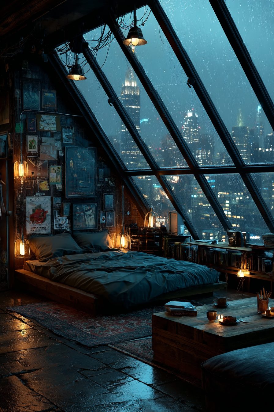 Bedroom with an Angled Window View of a Raining City