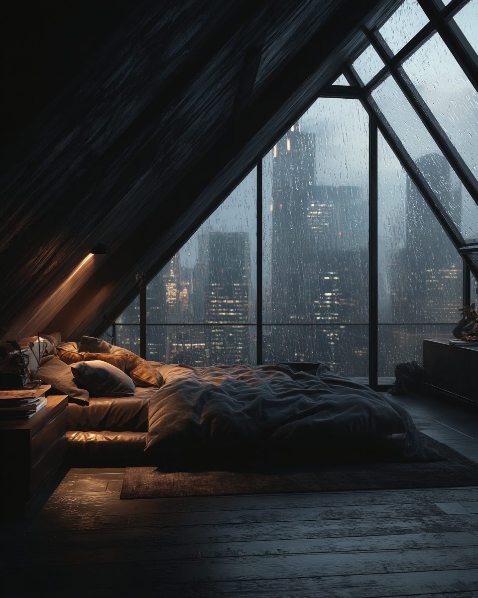 Bedroom with an Angled Window View of a Raining City