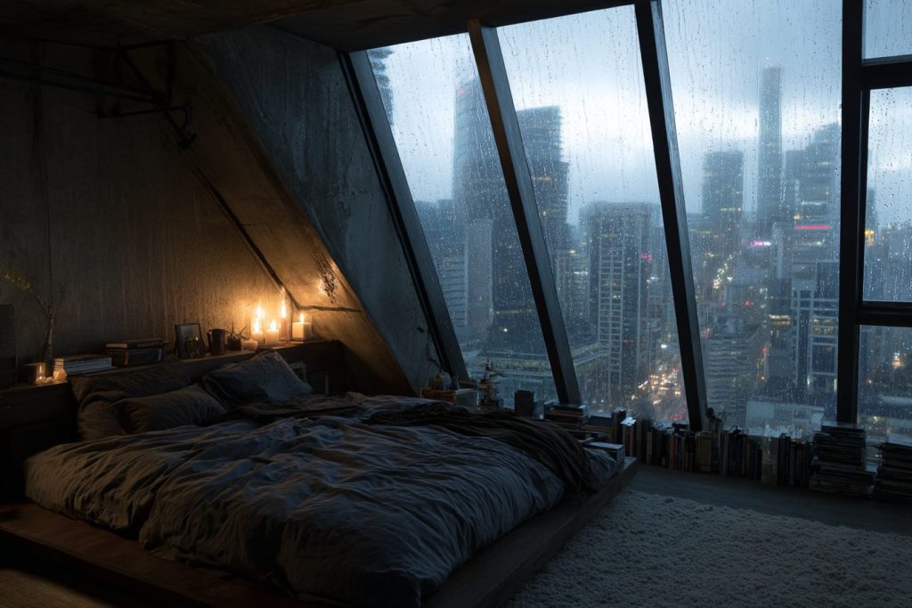 Bedroom with an Angled Window View of a Raining City AI Artwork 16