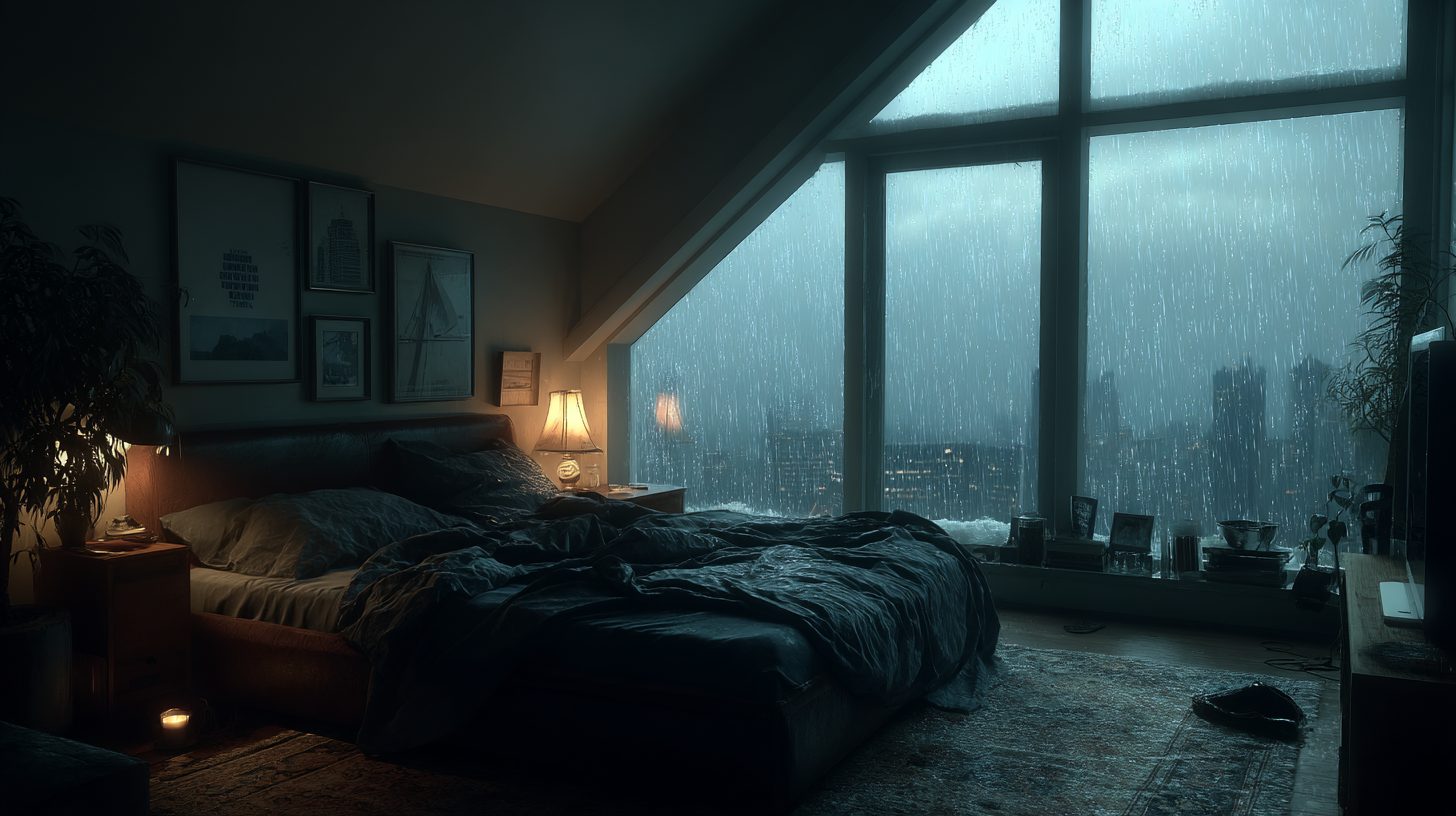 Bedroom with an Angled Window View of a Raining City