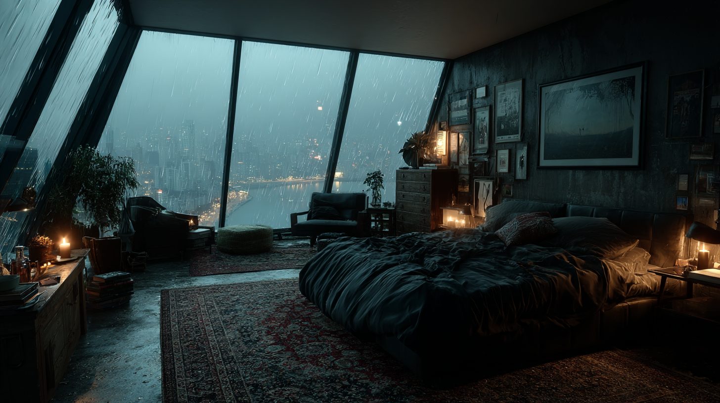 Bedroom with an Angled Window View of a Raining City