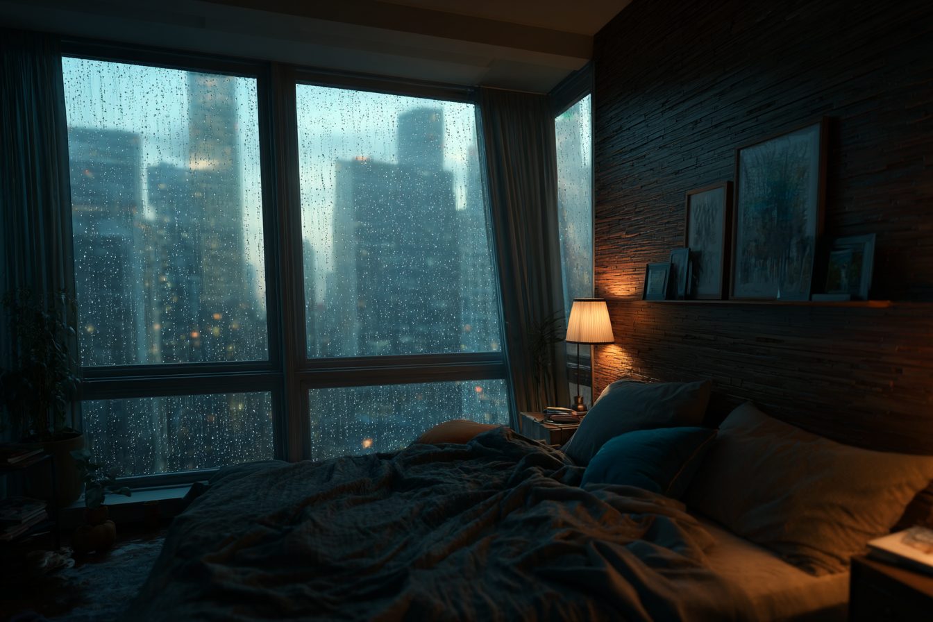 Bedroom with an Angled Window View of a Raining City