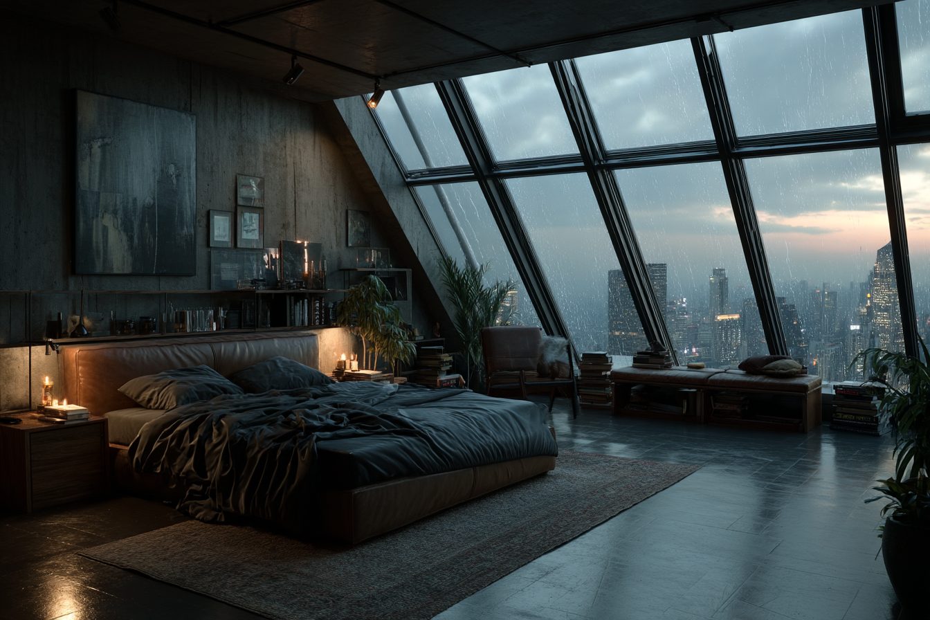 Bedroom with an Angled Window View of a Raining City