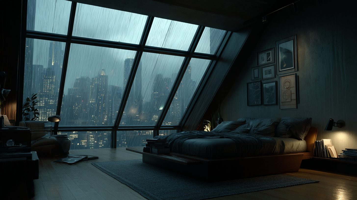 Bedroom with an Angled Window View of a Raining City